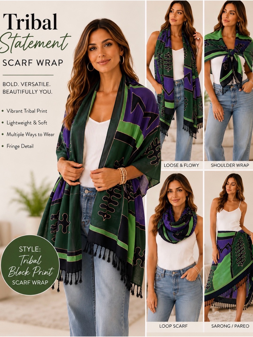 Source Unknown Green & Purple Tribal Block Print Scarf Wrap